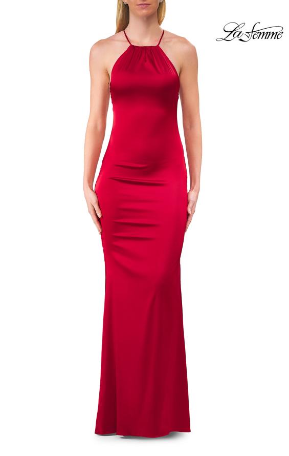 Picture of: Halter Satin Fitted Gown with Open Back in Red, Style: 33732, Detail Picture 13