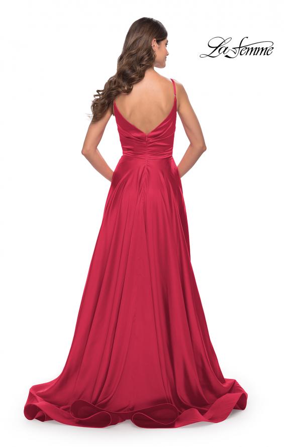 Picture of: Long Satin Dress with Side Slit and V Shaped Back in Red, Style: 28607, Style: 28607