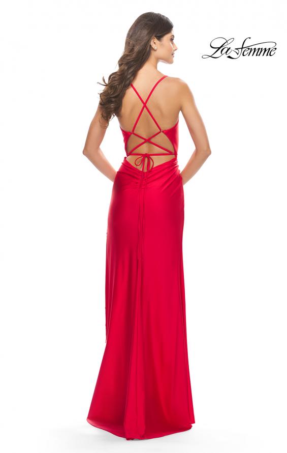 Picture of: Fringe Beaded Slit Jersey Gown with Lace Up Back in Red, Style: 31326, Detail Picture 14