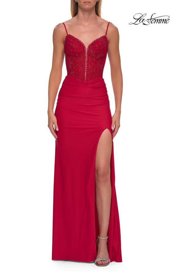 Picture of: Lace Bodice Fitted Gown with Slit and Open Back in Red, Style: 33395, Detail Picture 14