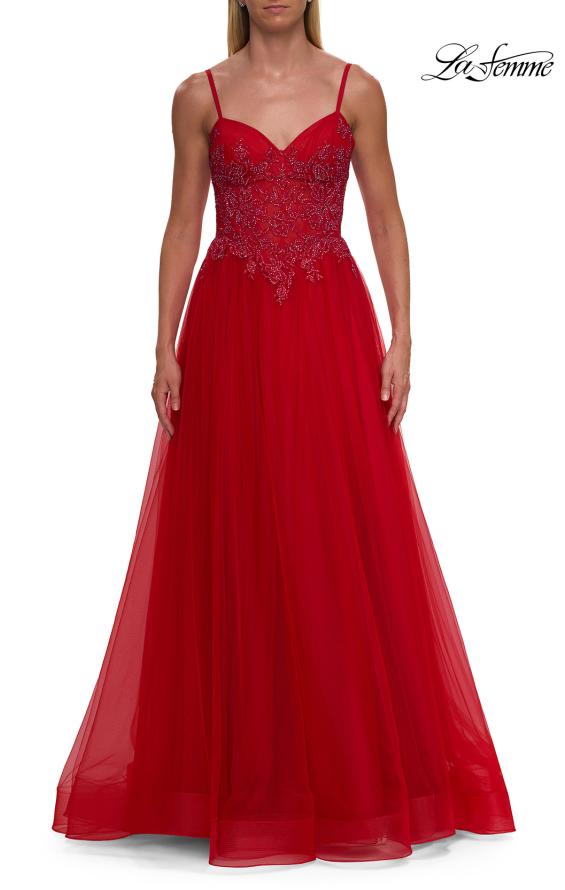 Red Picture of: Lace Corset Tulle Gown with High Slit and A-Line Skirt in Red, Style: 33436, Detail Picture 14