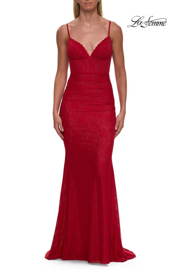 Picture of: Lace Fitted Gown with Ruched Bodice and Sheer Back in Red, Style: 33443, Detail Picture 14