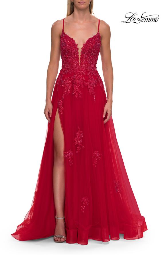 Red Picture of: Floral Beaded Tulle Gown with Slit and Lace-Up Back in Red, Style: 33716, Detail Picture 14