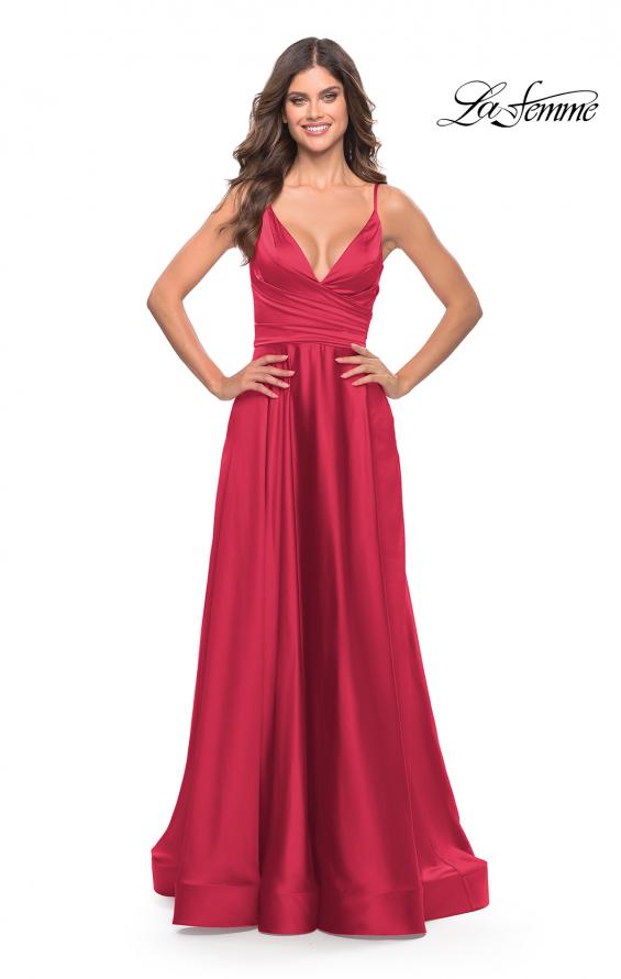Picture of: Long Satin Dress with Side Slit and V Shaped Back in Red, Style: 28607, Style: 28607