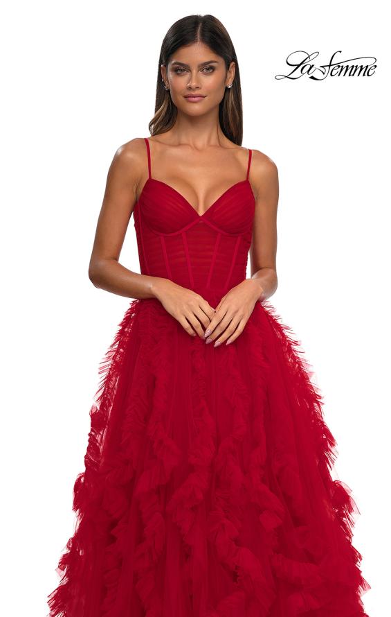 Picture of: Ruffle Tulle Dress with Unique Skirt and Illusion Corset Bodice in Red, Style: 32719, Detail Picture 15