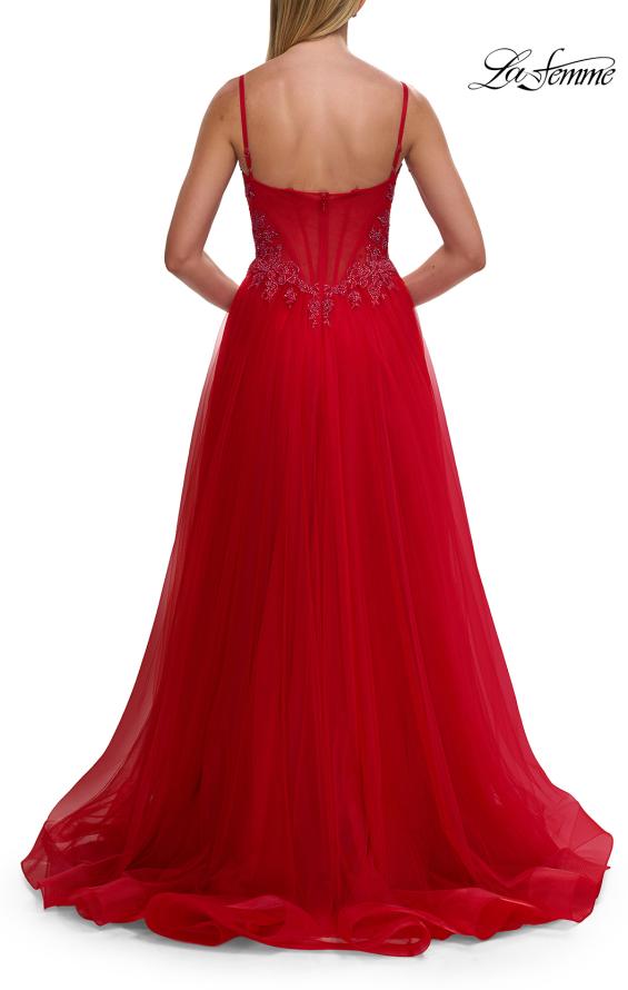 Red Picture of: Lace Corset Tulle Gown with High Slit and A-Line Skirt in Red, Style: 33436, Detail Picture 15