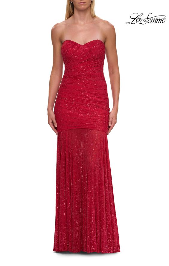Picture of: Strapless Ruched Rhinestone Gown with Sheer Skirt in Red, Style: 33725, Detail Picture 15