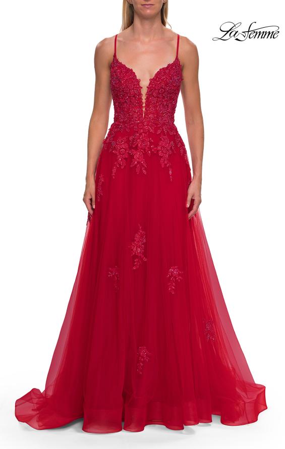 Red Picture of: Floral Beaded Tulle Gown with Slit and Lace-Up Back in Red, Style: 33716, Detail Picture 16