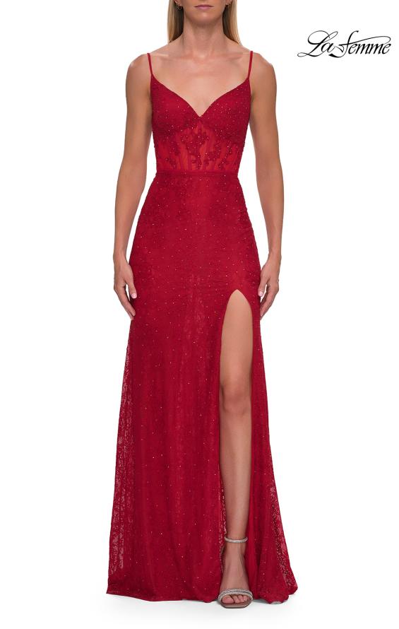 Red Picture of: Rhinestone Lace Gown with Sheer Bodice and Side Slit in Red, Style: 33442, Detail Picture 17