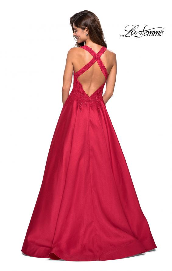 Picture of: Floor Length Mikado Gown with Lace and Rhinestones in Red, Style: 27529, Back Picture