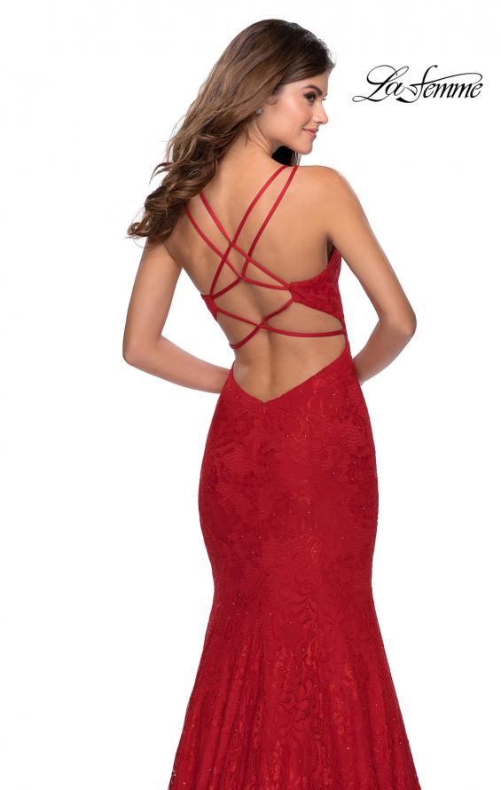 Picture of: Lace Prom Dress with Rhinestones and Strappy Back in Red, Style: 28140, Back Picture