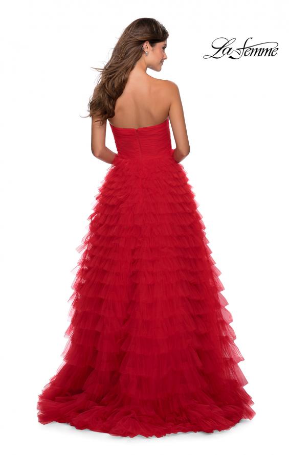 Picture of: Cascading Tulle Strapless Gown with Ruching in Red, Style: 28345, Back Picture