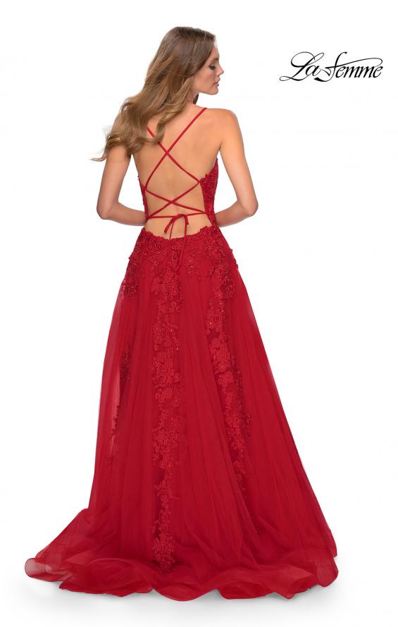 Picture of: A-line Prom Dress with Cascading Lace Detail in Red, Style: 28503, Back Picture