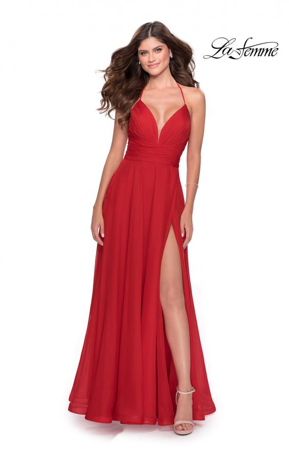 Picture of: Long Chiffon Prom Dress with Unique Lace Up Back in Red, Style: 28522, Back Picture