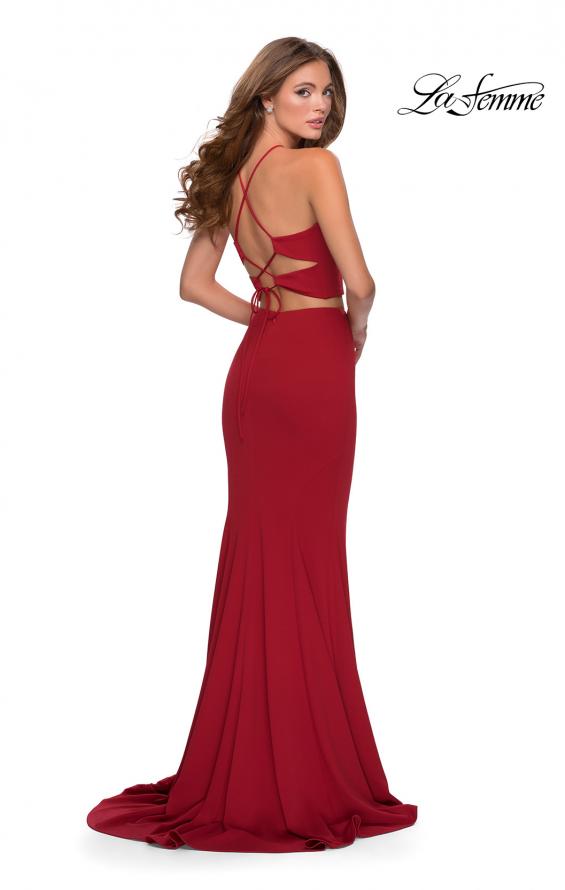 Picture of: Sleek Two Piece Pyramid Neckline Prom Dress in Red, Style: 28624, Back Picture