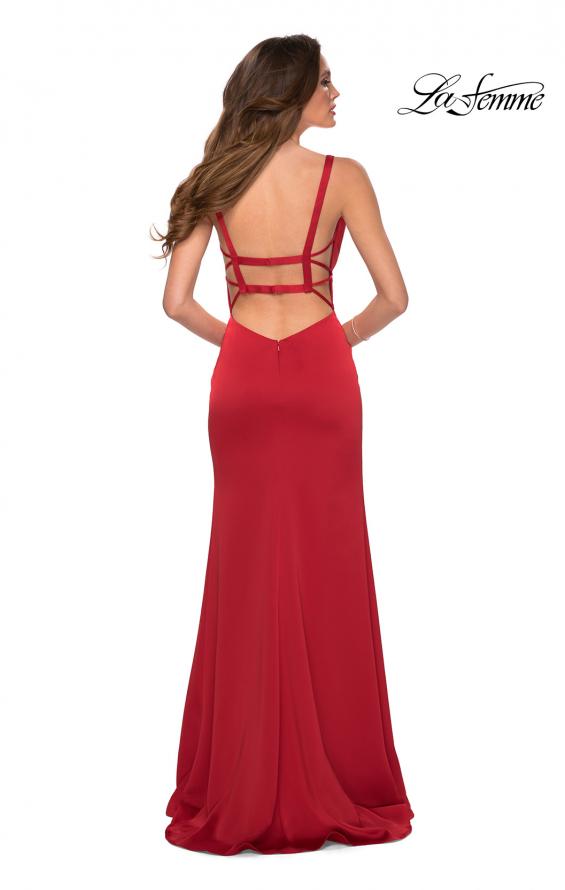 Picture of: Long Satin Prom Dress with Square Neckline in Red, Style 29349, Back Picture