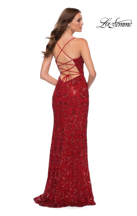 Picture of: Print Sequin Long Dress with Lace Up Back in Red, Style 29638, Back Picture