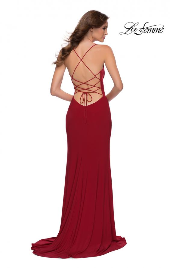 Picture of: Matte Jersey Long Dress with Lace Up Back in Red, Style 29708, Back Picture
