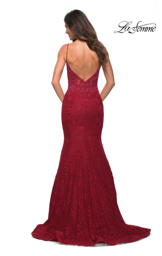 Picture of: Mermaid Lace Prom Dress with Sheer Jeweled Bodice in Red, Back Picture