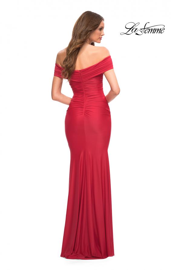 Picture of: Ruched Off the Shoulder Gown with V Neckline in Red, Back Picture