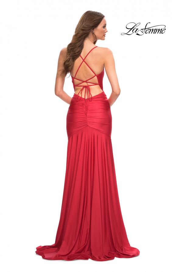 Picture of: Long Jersey Ruched Gown with Dramatic Skirt in Red, Back Picture