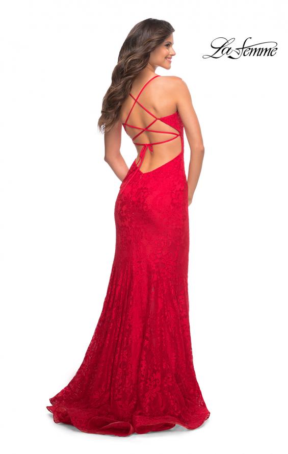 Picture of: Lace Prom Gown With Sheer Bodice and Tie Up Back in Red, Style: 30671, Back Picture