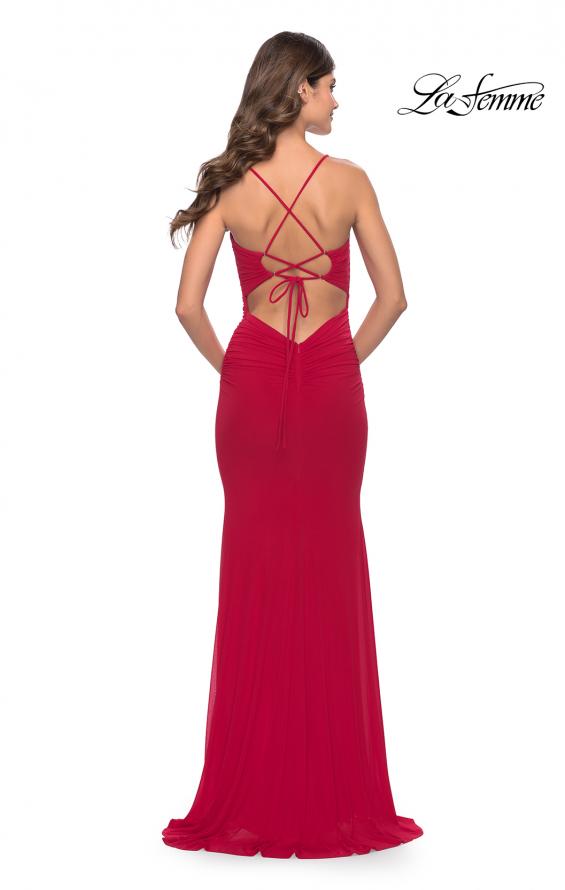 Picture of: Net Jersey Gown with Jeweled Detail in Deep V Neckline in Red, Style: 31114, Back Picture
