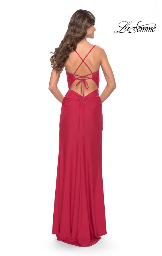 Picture of: Ruched Deep V Dress with Trendy High Slit in Red, Style: 31127, Back Picture