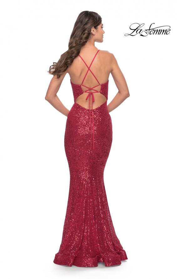Picture of: Fitted Stretch Sequin Dress with Open Back and Defined Cups in Red, Style: 31291, Back Picture