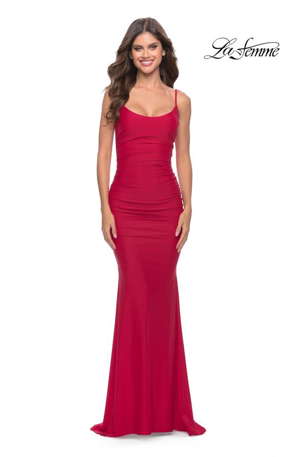Picture of: Intricate Lace Up Back Jersey Gown with Ruching in Red, Style: 31330, Back Picture