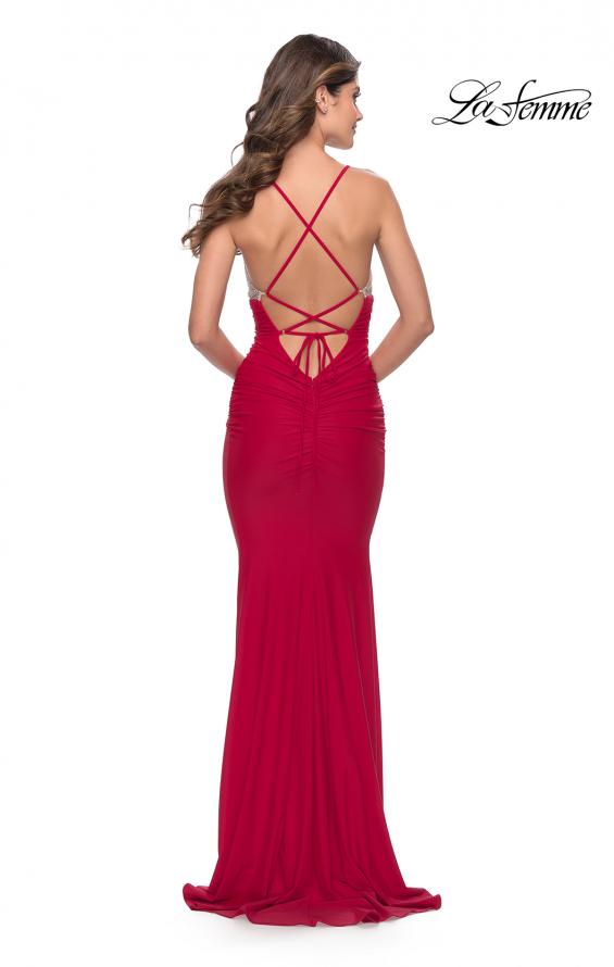 Picture of: Ruched Prom Dress with Sheer Rhinestone Bodice in Red, Style: 31337, Back Picture