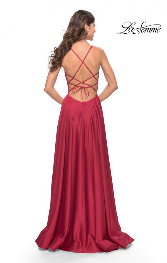 Picture of: A-Line Satin Gown with Deep V and Slit in Red, Style: 31533, Back Picture