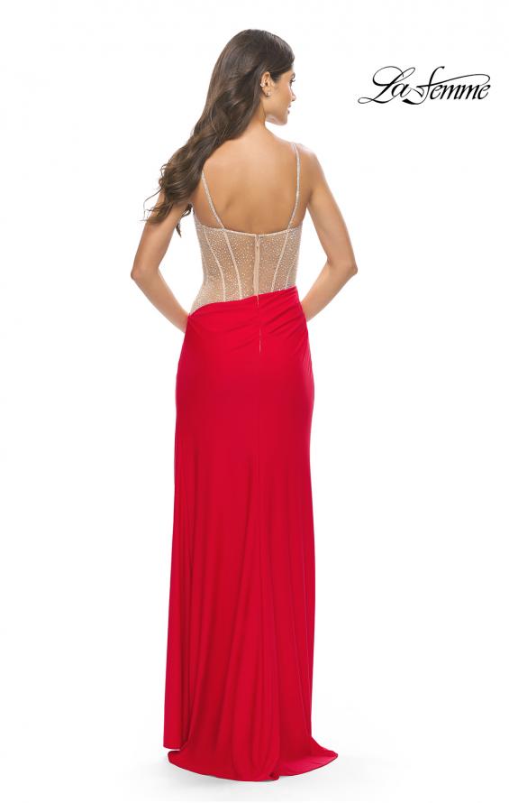 Picture of: Prom Dress with Rhinestone Sheer Bodice and Asymmetrical Skirt in Red, Style: 31537, Back Picture