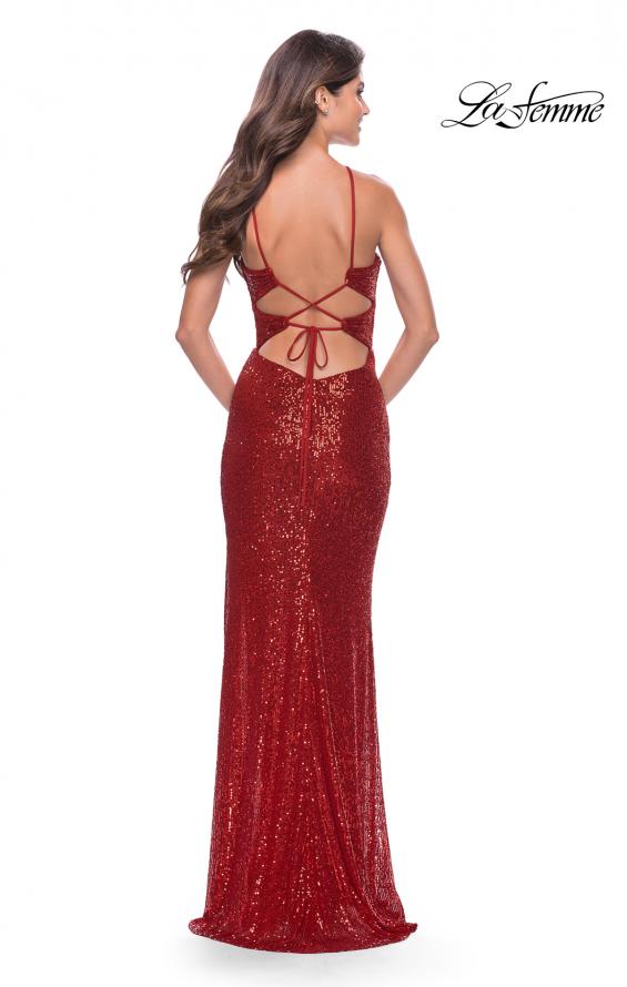 Picture of: Stretch Sequin Dress with Unique Front Cut Outs in Red, Style: 31549, Back Picture