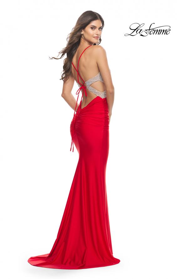 Picture of: Ruched Gown with Rhinestone Bodice and Side Cut Outs in Red, Style: 31606, Back Picture