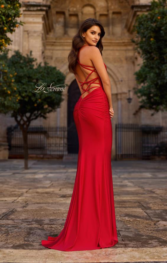 Picture of: Ruched Jersey Gown with Crisscross Open Back in Red, Style: 33723, Back Picture