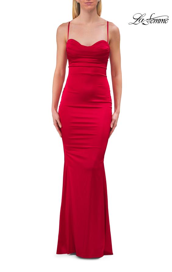 Picture of: Ruched Satin Gown with Sweetheart Neckline and Lace-Up Back in Red, Style: 33764, Detail Picture 19