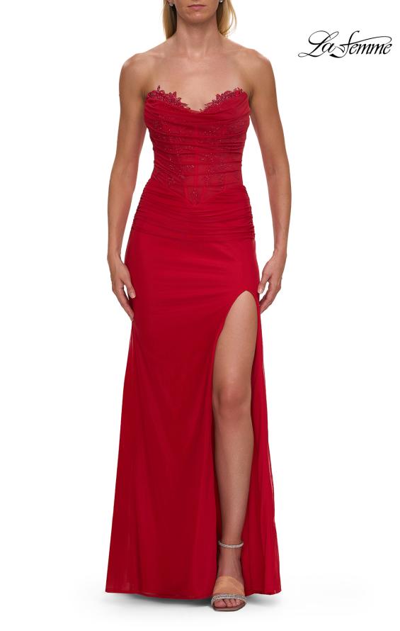 Picture of: Strapless Corset Gown with High Slit and Ruched Jersey Skirt in Red, Style: 33465, Detail Picture 22