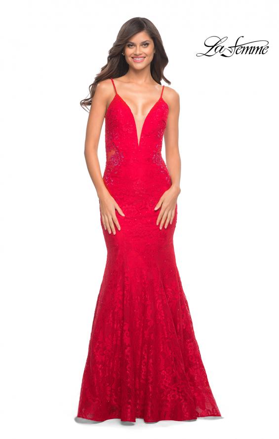 Picture of: Long Mermaid Lace Dress with Back Rhinestone Detail in Red, Style: 28355, Detail Picture 23