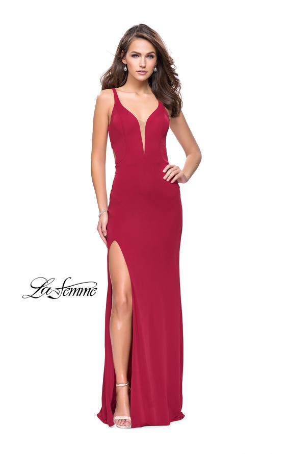 Picture of: Long Jersey Prom Dress with Lace Up Strappy Open Back in Red, Style: 25504, Detail Picture 1