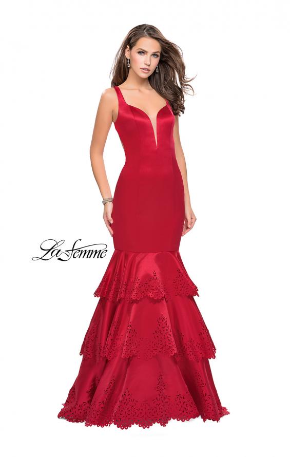Picture of: Satin Prom Dress with Laser Cut Detail and Tulle Skirt in Red, Style: 25749, Detail Picture 1
