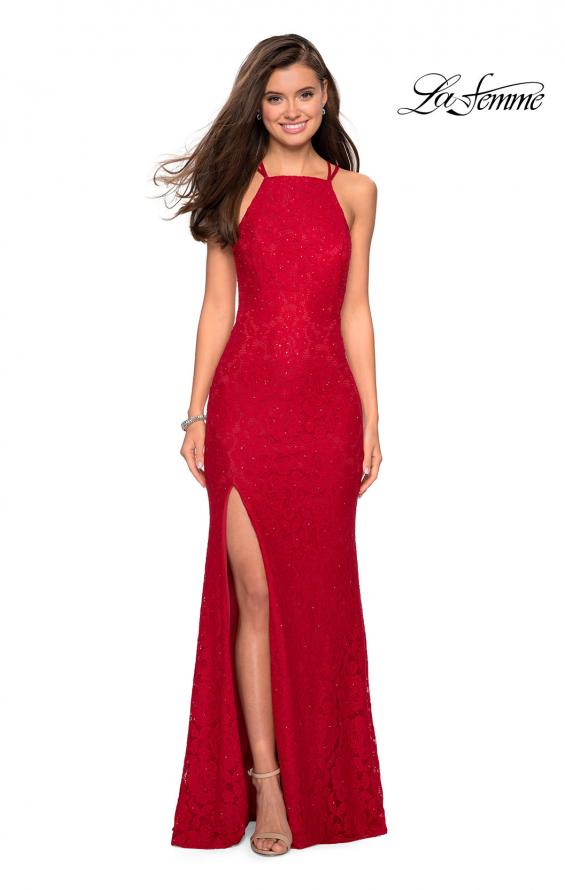 Picture of: Stretch Lace Prom Gown with Rhinestones and Slit in Red, Style: 27046, Detail Picture 1