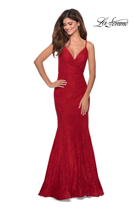 Picture of: Mermaid Lace Prom Dress with Faux Wrap Top in Red, Style: 28564, Detail Picture 1