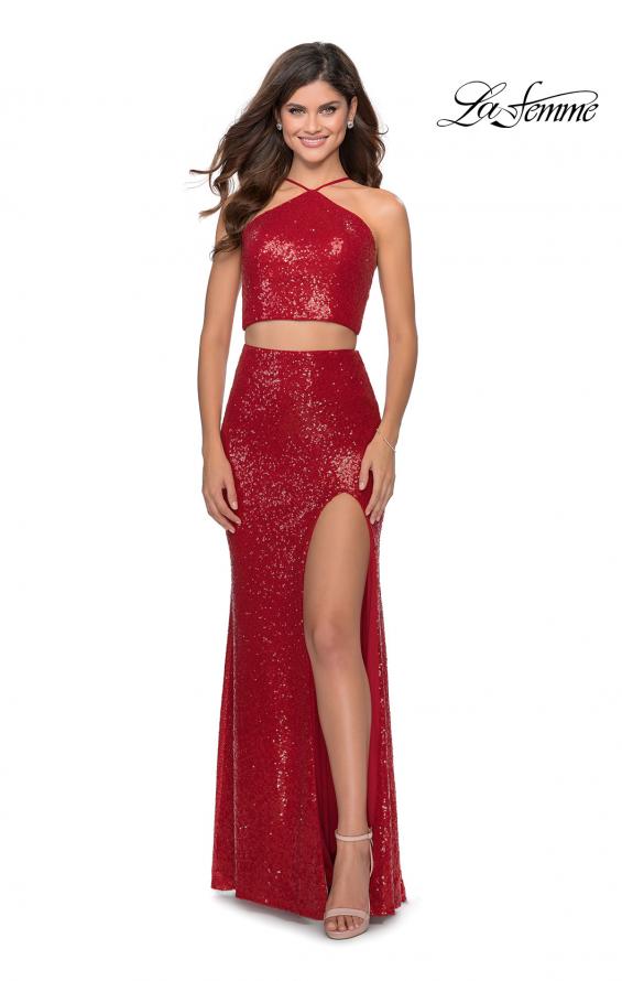 Picture of: Two Piece Sequin Prom Dress with Pyramid Top in Red, Style: 28623, Detail Picture 1