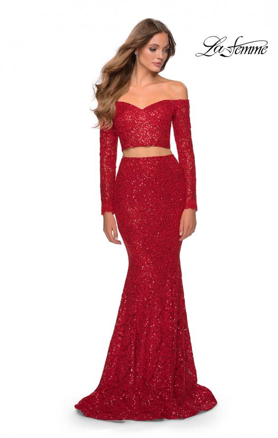 Picture of: Lace Sleeve Lace and Sequin Two Piece Prom Dress in Red, Style: 28666, Detail Picture 1