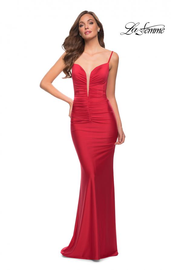 Picture of: Long Jersey Fitted Prom Dress with Front Ruching in Red, Style 29834, Detail Picture 1