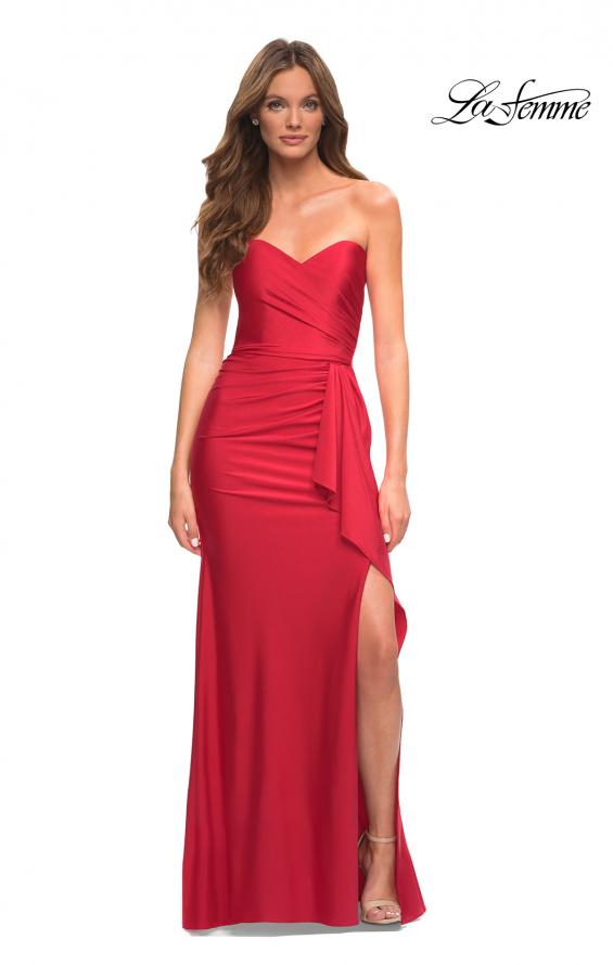 Picture of: Strapless Evening Dress with Ruffle on Slit in Red, Style: 30515, Detail Picture 1