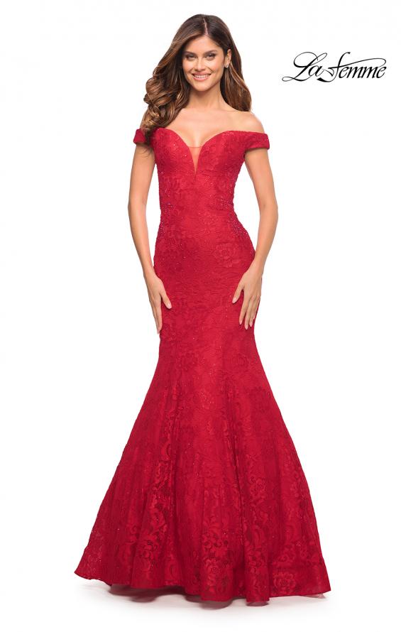 Picture of: Mermaid Lace Off the Shoulder Gown with Sheer Back in Red, Style: 30564, Detail Picture 1