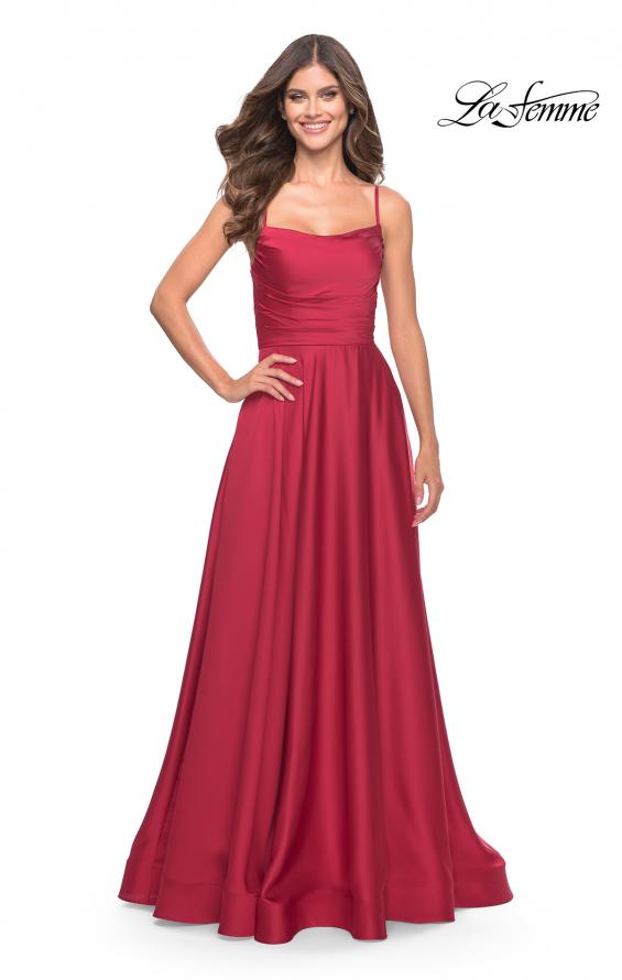 Picture of: A Line Satin Gown with Ruching and Square Neckline in Red, Style: 31105, Detail Picture 1