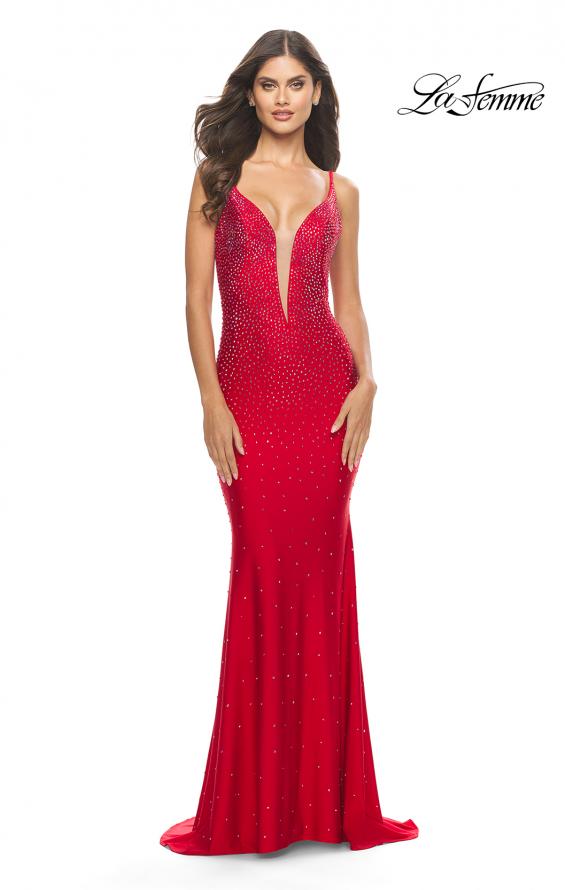 Picture of: Bedazzled Rhinestone Jersey Gown with Deep V Neckline in Red, Style: 31215, Detail Picture 1